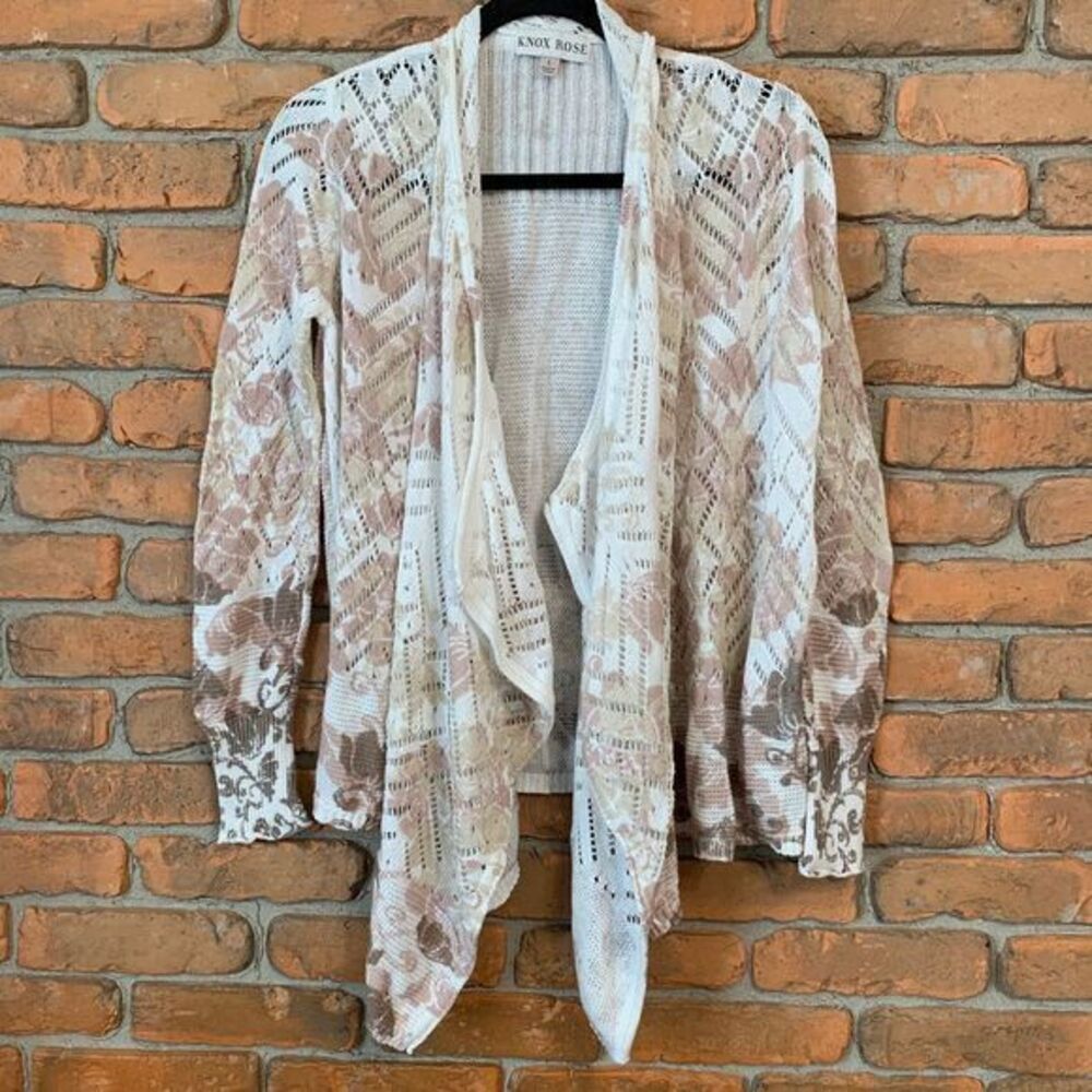 Knox Rose Cardigan Women's Large Ivory Floral Crochet Open Front Draped‎ Sweater